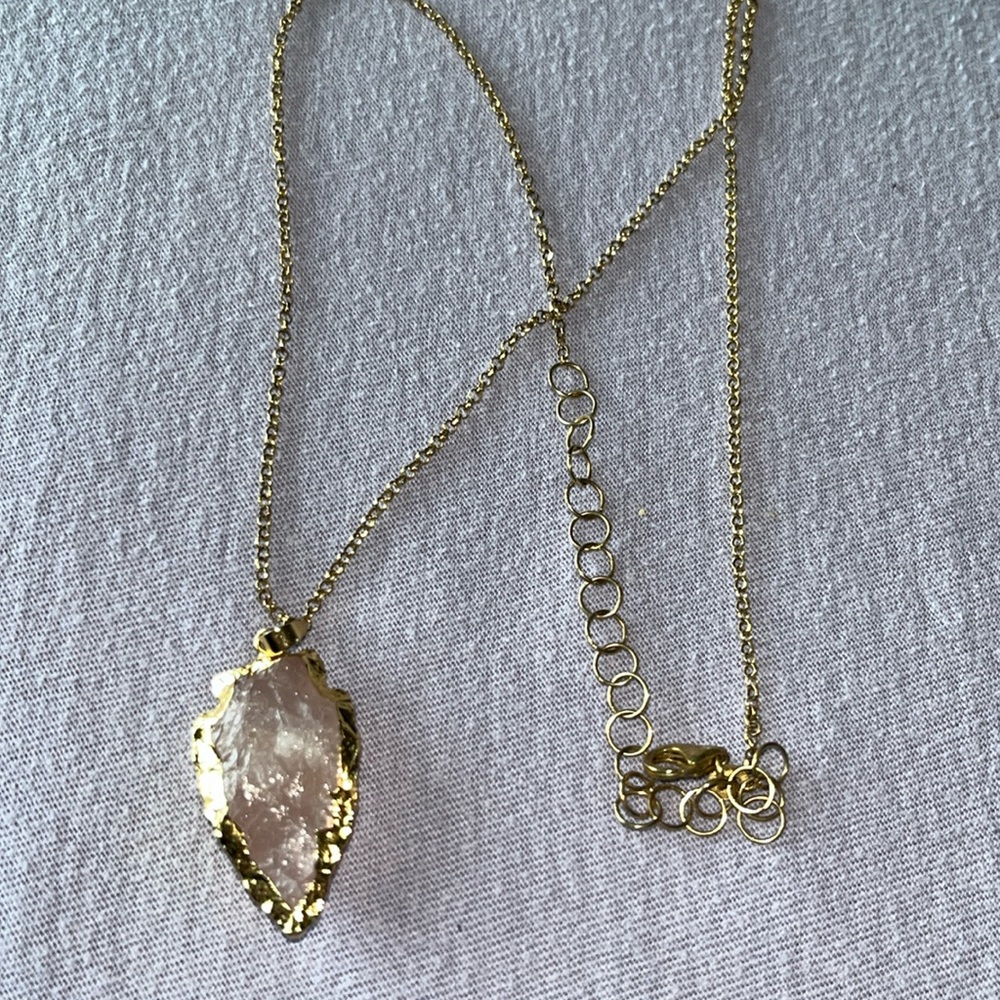 Pink Rose Quartz Crystal with gold edges necklace like new!!